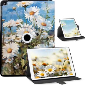 Rotating Case for iPad 6th/5th Generation 9.7 Inch (2018/2017) - Smart Cover with Magnetic Clasp, Multi-Angle Viewing Stand, White Daisy in Kuwait