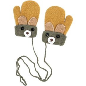 Toddler Kids Winter Warm Knit Mittens with String Plush Fleece lined Bear Gloves