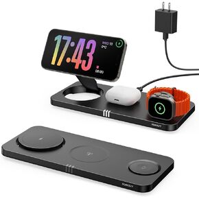 3 in 1 Wireless Charging Station 15W Fast Magnetic Wireless Charger, Foldable Travel for MagSafe Charger for iPhone 16/15/14/13/12 Pro Max Plus, iWatch S10/Ultra - S2, AirPods 4/Pro/3/2