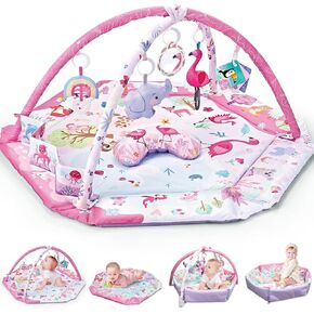 43.3x43.3Inch 7-in-1 Large Baby Play Mat Tummy Time Mat Foldable, 5 Tummy TimeToys, 18 Ocean Toys, and 1 Tummy Time Pillow, Baby Activity Mat Easy to Install & Clean, Baby Essentials Gift