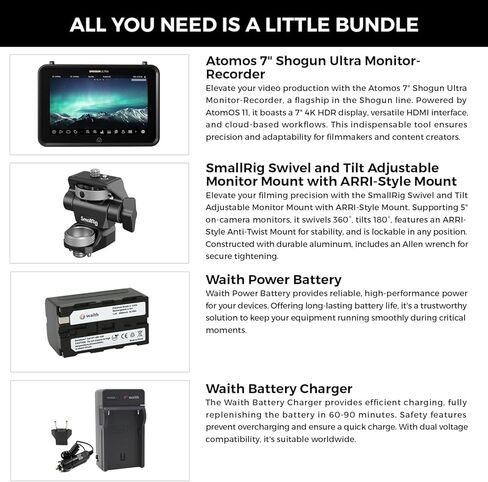 مسجل شاشة Atomos Shogun Ultra مقاس 7 بوصات HDR، يدعم 8K RAW مع مجموعة بطارية وشاحن طاقة وشاشة SmallRig دوارة وإمالة قابلة للتعديل، حامل على طراز ARRI (مجموعة الحزمة) in Kuwait