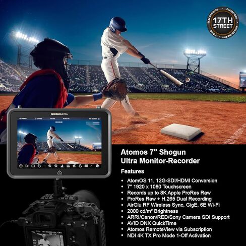 مسجل شاشة Atomos Shogun Ultra مقاس 7 بوصات HDR، يدعم 8K RAW مع مجموعة بطارية وشاحن طاقة وشاشة SmallRig دوارة وإمالة قابلة للتعديل، حامل على طراز ARRI (مجموعة الحزمة) in Kuwait