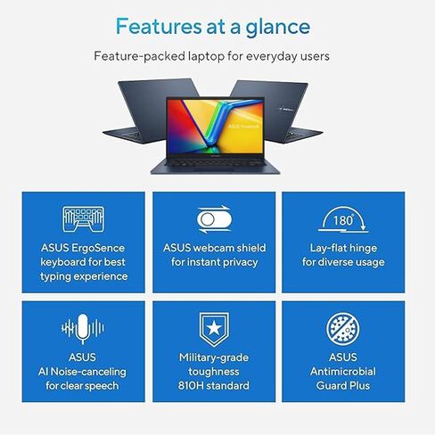 كمبيوتر محمول ASUS Vivobook، شاشة FHD مقاس 14 بوصة، i3-1215U، ذاكرة الوصول العشوائي 16 جيجابايت، 512 جيجابايت SSD، Wi-Fi 6، HDMI، كاميرا ويب، لوحة اللمس، Windows 11 Home، أزرق in Saudi Arabia