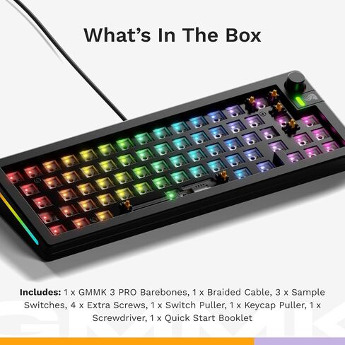 Glorious Gaming - مجموعة لوحة مفاتيح مخصصة GMMK 3 PRO Barebones مع مقبض، هيكل من الألومنيوم المعياري ونظام الحشيات، لوحة مفاتيح قابلة للتبديل بنسبة 100%، إسفنج مخفف للصوت، لوحة مفاتيح من الألومنيوم ANSI (أسود) in Kuwait