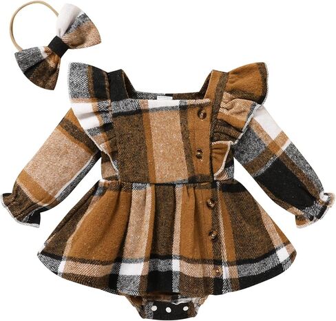 Newborn Baby Girl Fall Winter Clothes Plaid Long Sleeve Romper Buttons Outfit Ruffles Dress with Bow Headband in Kuwait