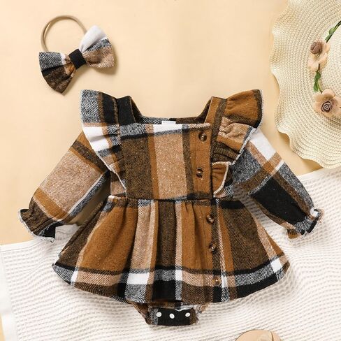 Newborn Baby Girl Fall Winter Clothes Plaid Long Sleeve Romper Buttons Outfit Ruffles Dress with Bow Headband in Kuwait