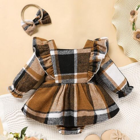 Newborn Baby Girl Fall Winter Clothes Plaid Long Sleeve Romper Buttons Outfit Ruffles Dress with Bow Headband in Kuwait