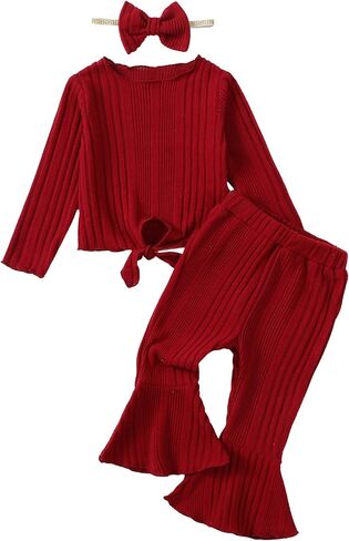 Kucnuzki Baby Girl Clothes Toddler Clothes Long Sleeve Plain Shirts Top Bell Bottoms Flare Pants Infant Girl Fall Outfit in Saudi Arabia