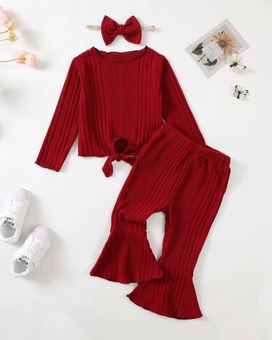 Kucnuzki Baby Girl Clothes Toddler Clothes Long Sleeve Plain Shirts Top Bell Bottoms Flare Pants Infant Girl Fall Outfit in Saudi Arabia