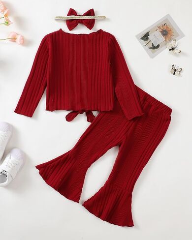 Kucnuzki Baby Girl Clothes Toddler Clothes Long Sleeve Plain Shirts Top Bell Bottoms Flare Pants Infant Girl Fall Outfit in Saudi Arabia