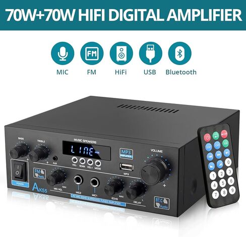 مضخم صوت منزلي، مضخم طاقة مستقبلات ستيريو بلوتوث لاسلكي، RMS 70Wx2 450W 2.0 قناة مكبرات صوت نظام ستيريو مع USB/SD بصري، AUX، RCA، ميكروفون في راديو Echo FM، جهاز التحكم عن بعد in Kuwait