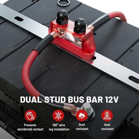 RED WOLF 5/16" M8 Dual Stud Bus Bar 12-48V Power Distribution Block Holder 100A DC MAX, Battery Terminal Junction Dual Power Stud Busbar for Auto Car Marine Boat Red & Black Set w/Screws in Saudi Arabia