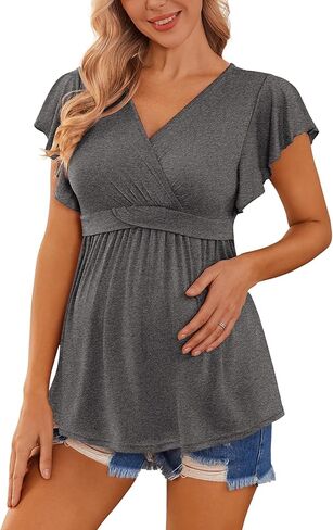 Ekouaer Maternity Shirts Flying Short Sleeve Nursing Tops V Neck Breastfeeding Tees Casual Pregnancy Clothes in Kuwait