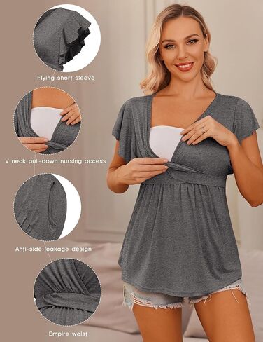 Ekouaer Maternity Shirts Flying Short Sleeve Nursing Tops V Neck Breastfeeding Tees Casual Pregnancy Clothes in Kuwait