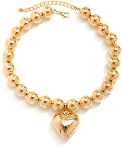 Chunky Beaded Silver Heart Pendant Love Charm Double Layered Pearl Collar Choker Necklace for Women Teen Girls,Large Beads Ball Thick Chain Bib Necklace,Punk Statement Fashion Jewelry Gifts in Saudi Arabia