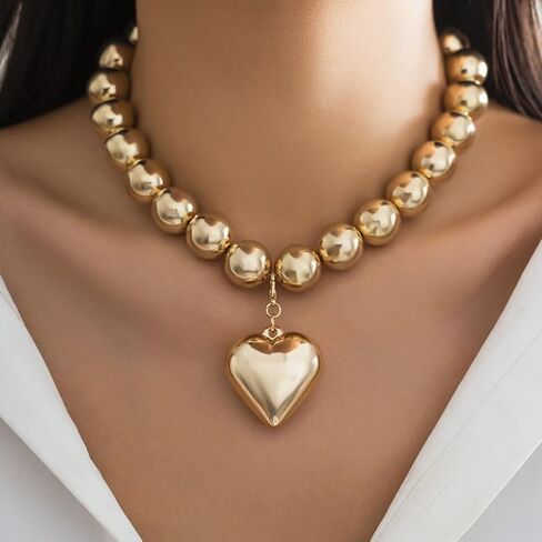 Chunky Beaded Silver Heart Pendant Love Charm Double Layered Pearl Collar Choker Necklace for Women Teen Girls,Large Beads Ball Thick Chain Bib Necklace,Punk Statement Fashion Jewelry Gifts in Saudi Arabia