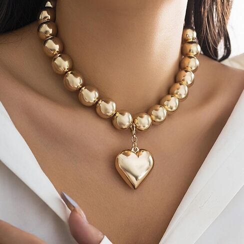 Chunky Beaded Silver Heart Pendant Love Charm Double Layered Pearl Collar Choker Necklace for Women Teen Girls,Large Beads Ball Thick Chain Bib Necklace,Punk Statement Fashion Jewelry Gifts in Saudi Arabia