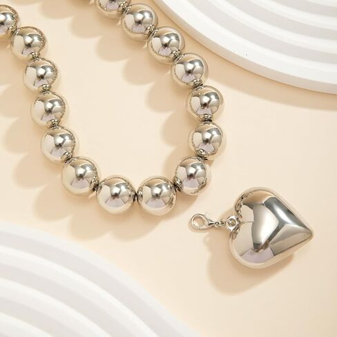 Chunky Beaded Silver Heart Pendant Love Charm Double Layered Pearl Collar Choker Necklace for Women Teen Girls,Large Beads Ball Thick Chain Bib Necklace,Punk Statement Fashion Jewelry Gifts in Saudi Arabia