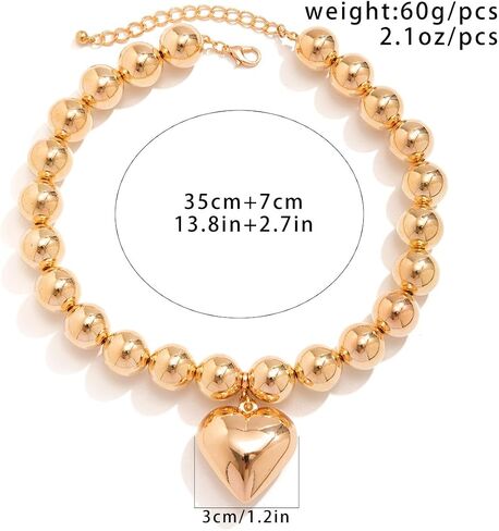 Chunky Beaded Silver Heart Pendant Love Charm Double Layered Pearl Collar Choker Necklace for Women Teen Girls,Large Beads Ball Thick Chain Bib Necklace,Punk Statement Fashion Jewelry Gifts in Saudi Arabia