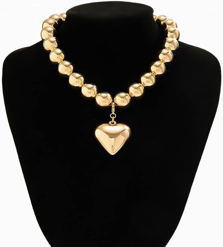 Chunky Beaded Silver Heart Pendant Love Charm Double Layered Pearl Collar Choker Necklace for Women Teen Girls,Large Beads Ball Thick Chain Bib Necklace,Punk Statement Fashion Jewelry Gifts in Saudi Arabia