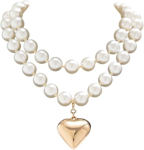 Chunky Beaded Silver Heart Pendant Love Charm Double Layered Pearl Collar Choker Necklace for Women Teen Girls,Large Beads Ball Thick Chain Bib Necklace,Punk Statement Fashion Jewelry Gifts in Saudi Arabia