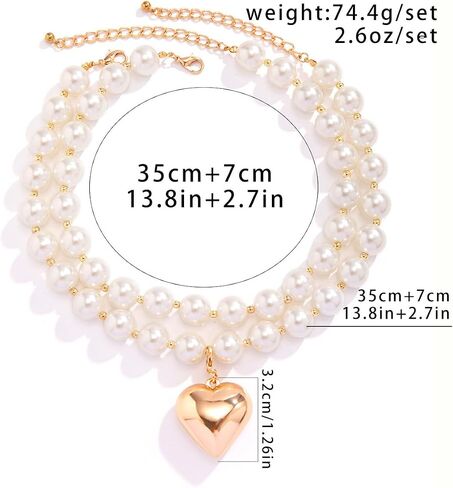 Chunky Beaded Silver Heart Pendant Love Charm Double Layered Pearl Collar Choker Necklace for Women Teen Girls,Large Beads Ball Thick Chain Bib Necklace,Punk Statement Fashion Jewelry Gifts in Saudi Arabia