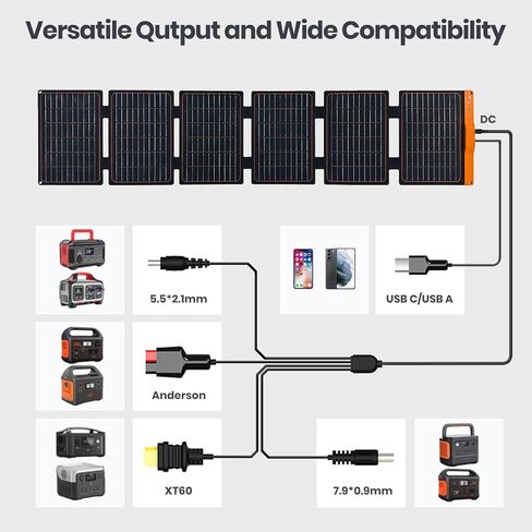 60W Foldable Solar Panel, Portable Solar Charger with USB-C PD3.0 / USB-A QC3.0 / DC 20-28V Port, IP67 Waterproof Solar Panel Kit for RV Camping Backpacking Compatible with Phone Tablet Power Station in Kuwait