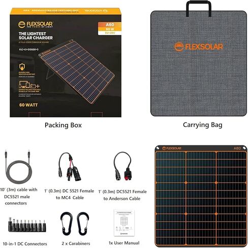 FlexSolar 60W Portable Solar Panel with QC3.0 USB-A/PD USB-C/DC Outputs IP67 Waterproof High Efficiency Monocrystalline Portable Charger for Power Station Generator Cellphone Tablet Battery RV Trip in Saudi Arabia