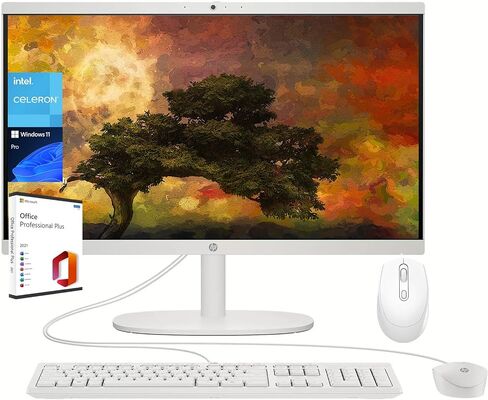 HP All-in-One Desktop, 21.5" FHD Display, Intel Celeron J4025, Intel UHD Graphics, 16 GB RAM, 512 GB SSD, True Vision Camera, WiFi 6, Windows 11 Pro, Microsoft Office Lifetime License, Designed Mouse in Saudi Arabia