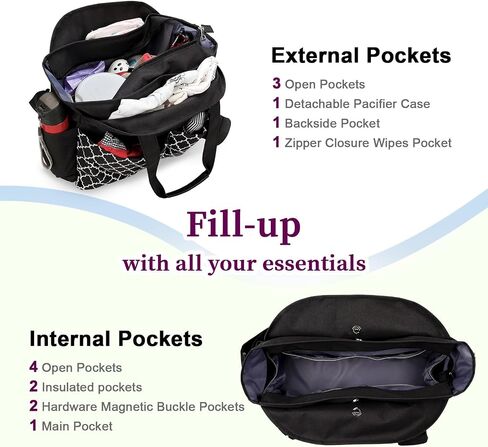 Baby Diaper Bag Tote for Girls and Boys with Pacifier Case, Large Tote Diaper Bag for Moms, Travel & Work, Stylish Mommy Bag for Hospital, Baby Shower Gifts, Black in Saudi Arabia