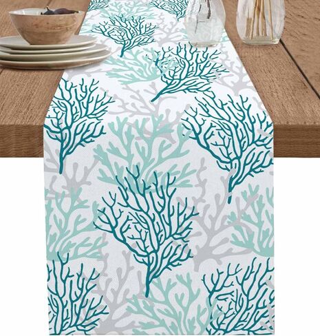 Blue Teal Coral Cotton Linen Rectangle Table Runners 13"x36", Summer Beach Starfish Coastal Modern Geometric Coffee Table Runner Dresser Scarves Luxury Table Runners for Wedding Party Banquet Dinner in Saudi Arabia