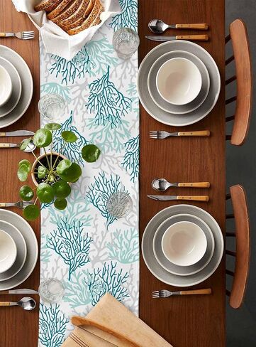 Blue Teal Coral Cotton Linen Rectangle Table Runners 13"x36", Summer Beach Starfish Coastal Modern Geometric Coffee Table Runner Dresser Scarves Luxury Table Runners for Wedding Party Banquet Dinner in Saudi Arabia