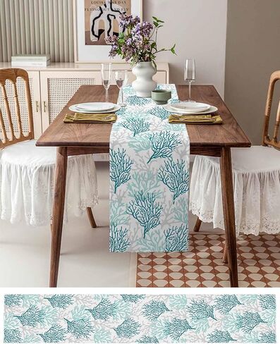 Blue Teal Coral Cotton Linen Rectangle Table Runners 13"x36", Summer Beach Starfish Coastal Modern Geometric Coffee Table Runner Dresser Scarves Luxury Table Runners for Wedding Party Banquet Dinner in Saudi Arabia