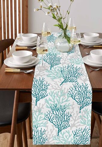 Blue Teal Coral Cotton Linen Rectangle Table Runners 13"x36", Summer Beach Starfish Coastal Modern Geometric Coffee Table Runner Dresser Scarves Luxury Table Runners for Wedding Party Banquet Dinner in Saudi Arabia