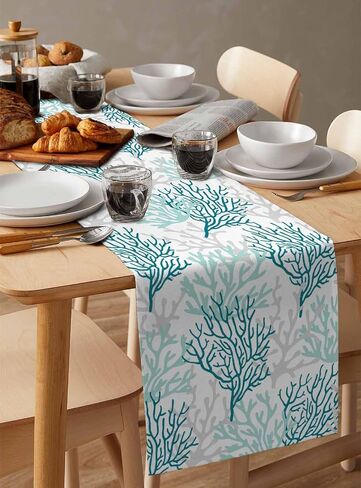Blue Teal Coral Cotton Linen Rectangle Table Runners 13"x36", Summer Beach Starfish Coastal Modern Geometric Coffee Table Runner Dresser Scarves Luxury Table Runners for Wedding Party Banquet Dinner in Saudi Arabia