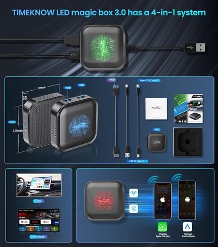 محول CarPlay/Android التلقائي AI Box 2.0 مع Netflix YouTube Tiktok، ترقية محول LED اللاسلكي Android Auto HDMI Dongle للهاتف إلى Miracast/بث الوسائط إلى السيارة/التلفزيون in Kuwait