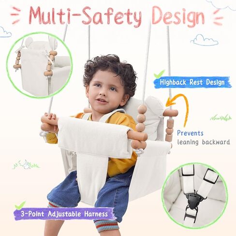 Baby Swing Outdoor Indoor, Secure Canvas Baby Swing,Wooden Baby Hanging Swing for Infant,Toddler Swing Seat,3-Point Adjustable Safety Harness,Mounting Hardware Included,Gift for Baby Boys Girls,Grey in Saudi Arabia