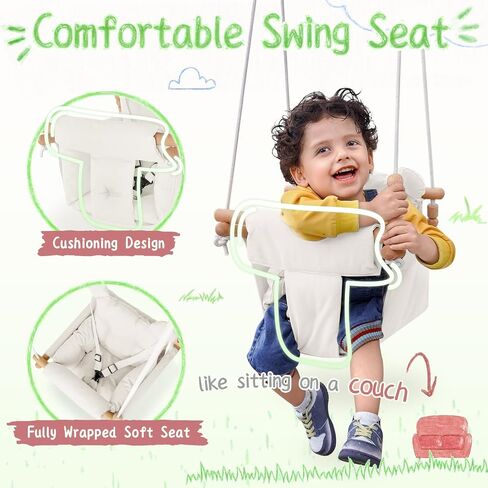 Baby Swing Outdoor Indoor, Secure Canvas Baby Swing,Wooden Baby Hanging Swing for Infant,Toddler Swing Seat,3-Point Adjustable Safety Harness,Mounting Hardware Included,Gift for Baby Boys Girls,Grey in Saudi Arabia