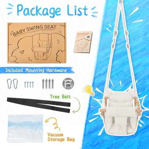 Baby Swing Outdoor Indoor, Secure Canvas Baby Swing,Wooden Baby Hanging Swing for Infant,Toddler Swing Seat,3-Point Adjustable Safety Harness,Mounting Hardware Included,Gift for Baby Boys Girls,Grey in Saudi Arabia