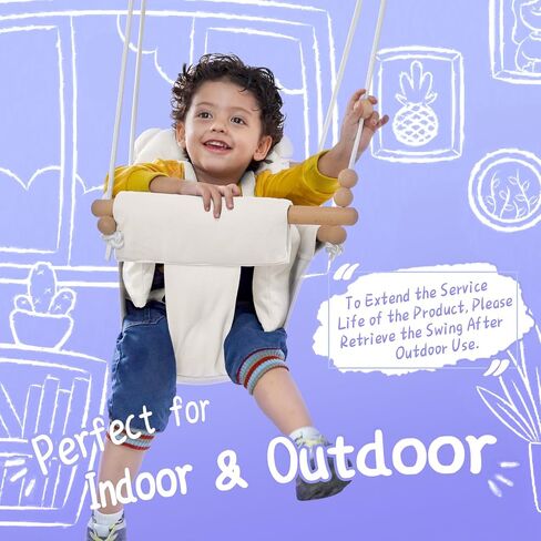 Baby Swing Outdoor Indoor, Secure Canvas Baby Swing,Wooden Baby Hanging Swing for Infant,Toddler Swing Seat,3-Point Adjustable Safety Harness,Mounting Hardware Included,Gift for Baby Boys Girls,Grey in Saudi Arabia