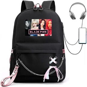Kpop Backpack Lisa Rose JISOO Jennie Color Photo Computer Backpack FashionTravel Business Work Backpack Whit USB Port (Pink)