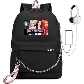 Kpop Backpack Lisa Rose JISOO Jennie Color Photo Computer Backpack FashionTravel Business Work Backpack Whit USB Port (Pink)