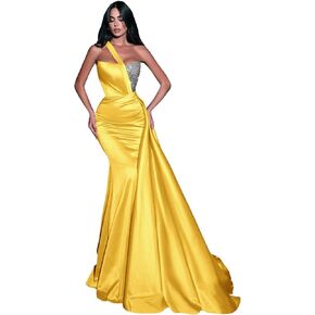 One Shoulder Sequin Mermaid Prom Dress Satin Ruched Ball Gowns Long Evening Formal Party Dress for Women