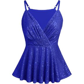 Sequin Tops for Women Casual V Neck Strappy Sparkle Tanks Tops Shimmer Camisole Tops Sleeveless Party Club Cami Vest Shirts