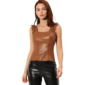 Allegra K PU Tank Top for Women's Lace Trim Sleeveless Faux Leather Tops