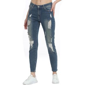 Jouica Women's Stretch Skinny Ripped Distressed Jeans Classic Wash Destroyed Hole Jeans