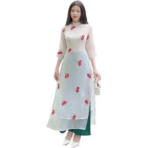 مجموعة CuteSass بيضاء مطرزة ديزي شيفون آو داي | الفيتنامية الحديثة المعدة مسبقًا آو داي | المرأة آو داي مع السراويل in Kuwait