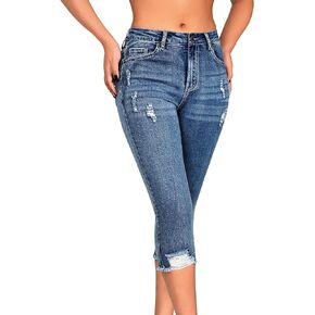roswear Women's Capri Pants Mid Rise Skinny Ripped Stretchy Cropped Distressed Jeans