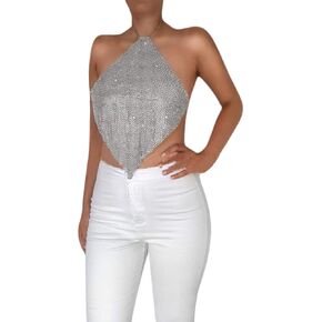 Women Sexy Shiny Rhinestone Tank Top Halter Metal Body Chain Crop Top Shirt for Night Club Party Rave Outfit