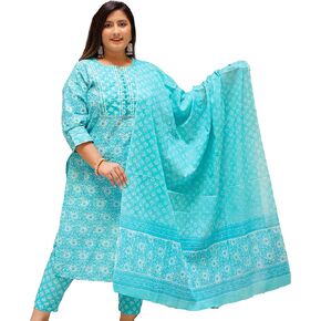 Yash Gallery Women's Cotton Floral Printed Kurti with Pant and Dupatta (Sky Blue, P)